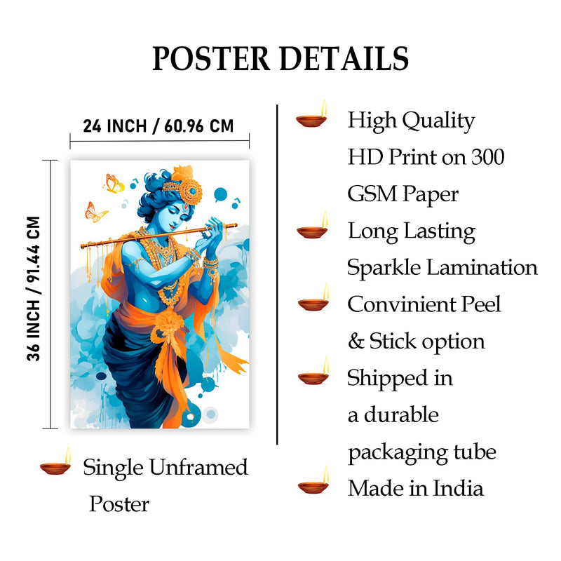 Indianara Rolled Sparkled Lord Krishna Art Print for Room Décor Digital Reprint 36 inch x 24 inch Painting (10710PST)