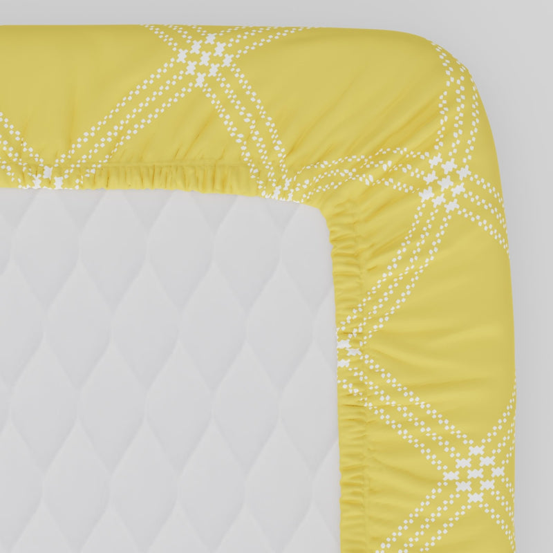 Huesland by Ahmedabad Cotton 186 TC Cotton Elastic Fitted Bedsheets King Size with 2 Pillow Covers | 72x78 inches | Yellow & White