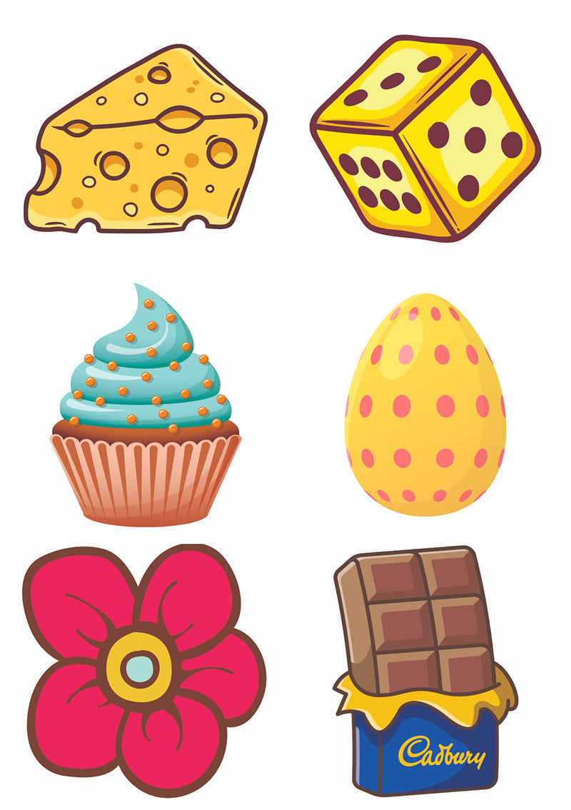 Bhai Please Cheese, Dice, Blue Velvet Cake, Easter Egg Yellow, Flower and Chocolate Bar Wooden Fridge Magnet (Pack of 6 pcs, one pc Each Design)