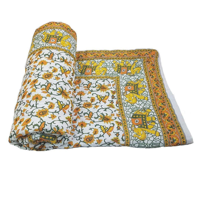 SVT Traditional Famous Jaipuri Beautiful Floral Print in Multi Green mughal Print Jaipuri Rajai/Razai/Quilt Double/Double Bed Quilt/Comforter/AC Quilt/AC Comforter