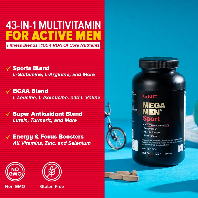 GNC Mega Men Sport Multivitamin for Men | 120 Tablets | 43 Premium Ingredients | Boosts Muscle Performance | Antioxidant Rich | Supports Prostate Health | Protects Heart & Vision | Formulated In USA