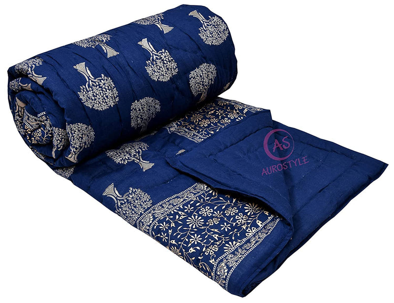 Woodsy Jaipuri Razai Rajasthani Traditional Tree Golden Print Soft Light Weight Pure Cotton Winter and Summer Rajai Ac Quilt Razai/Rajai/Quilt/Blanket/Dohar/Comforter (Single Bed, Set Of 2, Blue Tree)