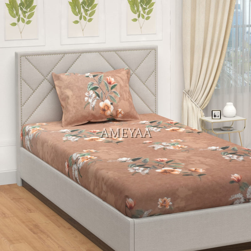 AMEYAA Cotton Feel All Around 36" x 72" Elastic Fitted Glace Printed Single Size Bed Bedsheet with 1 Large Pillow Covers Fits Upto Mattress of 8 Inch, (Copper Flowers)