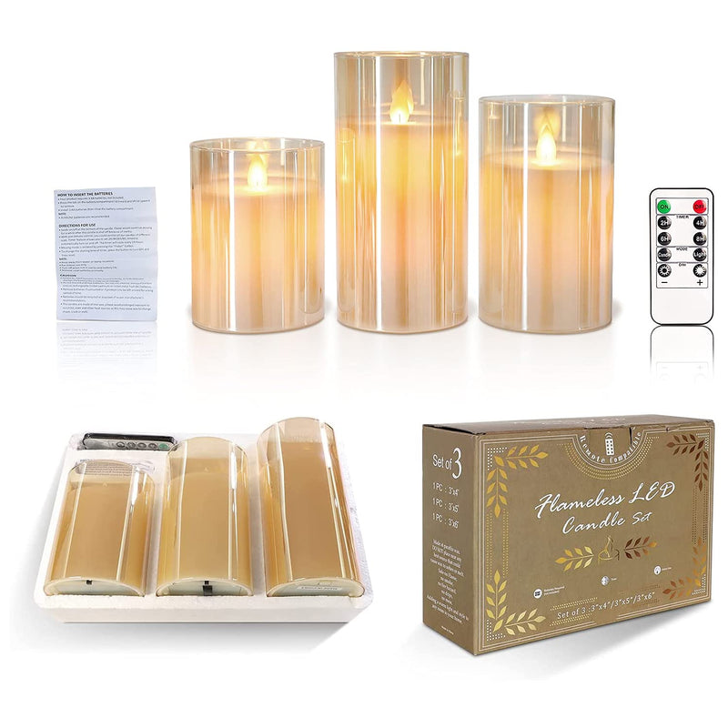 Crystal Club Gold Glass Flameless Candles, Battery Operated LED Pillar Candles with Remote, Flickering Flameless Candles with Timer, Amber Glass Effect Candle & Gold Decor for Christmas Home Decors