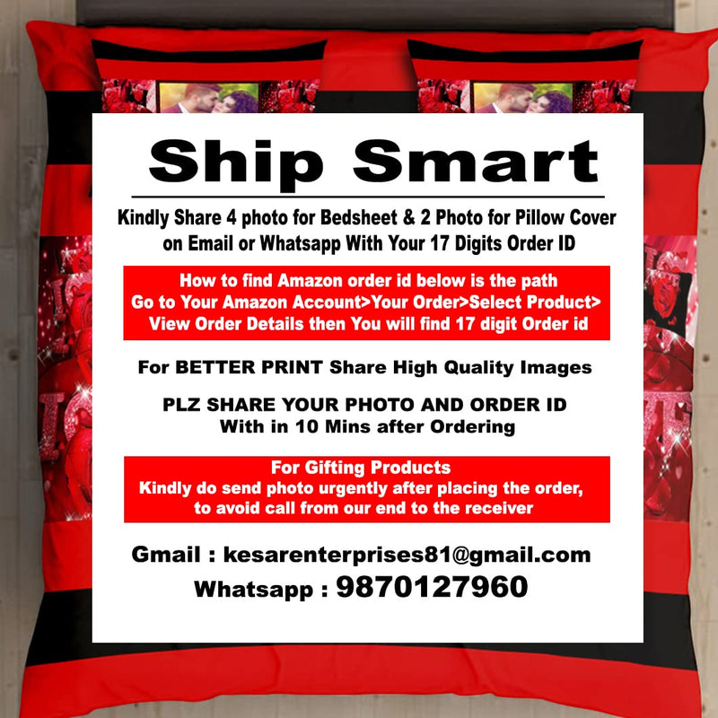 Ship Smart Velvet Fabric Personalized/ 4 Photo Bedsheet Red,Black 90x100 inch with 2 Pillow Covers Gifting Bedsheet for All Occassions Red,Black