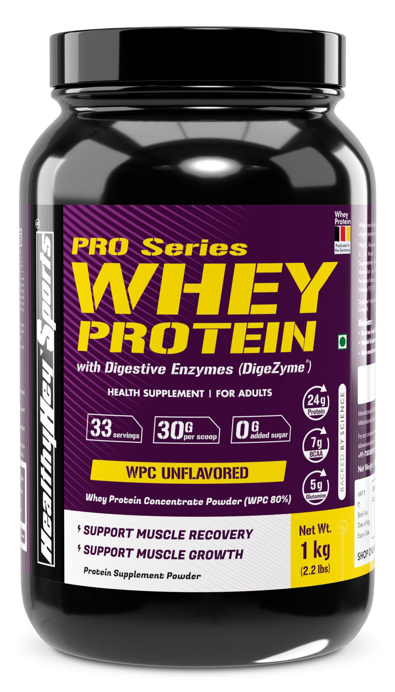 HealthyHey Sports Whey Protein Concentrate - Helps in Muscle Synthesis (Unflavoured, 1kg)