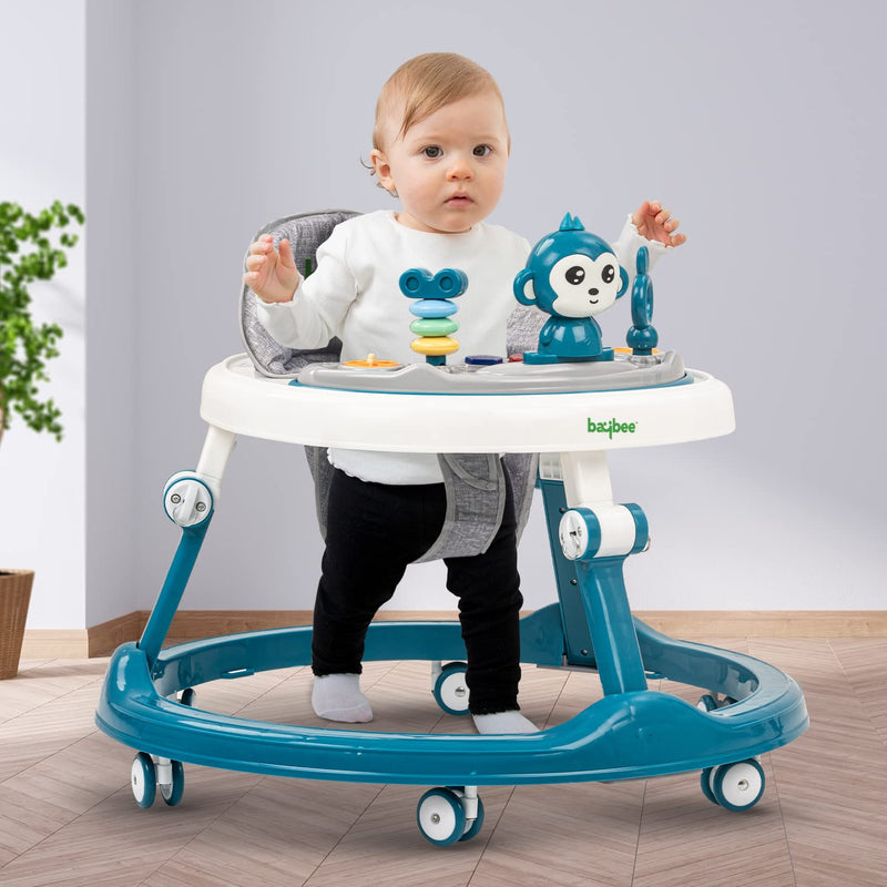 Baybee Drono Baby Walker for Kids, Round Kids Walker with 4 Seat Height Adjustable | Foldable Activity Walker for Baby with Food Tray & Musical Toy Bar | Walker Baby 6-18 Months Boys Girls (Blue)