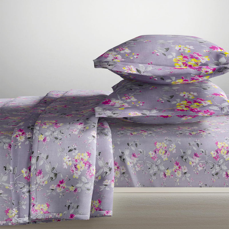 haus & kinder 100% Cotton Queen Size Bedsheet for Double Bed, 1 Cotton Bed Sheet Double Bed (90 X 100 Inches) with 2 Pillow Covers | 186 TC Bed Sheet Double Bed Cotton Chic Floral Art (Violet Grey)