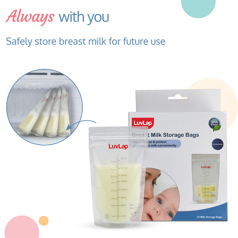 Luv Lap LuvLap Baby Breast Milk Storage Bags (Pack of 25), BPA Free Disposable Milk Freezer Bags for Breast Feeding, Transparent