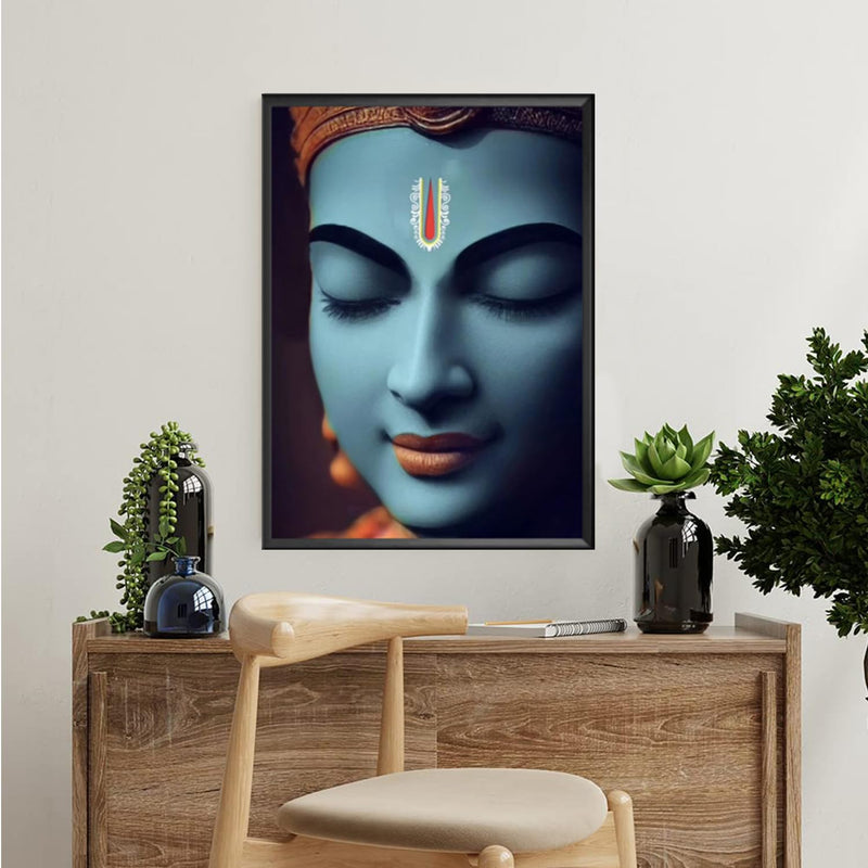 SANVIK CREATIONS Krishna Face Portrait Meditating Face Statue Religious Wall Painting Photo Frame, Synthetic Black Frame Digital Wall Art For Home & Office Décor