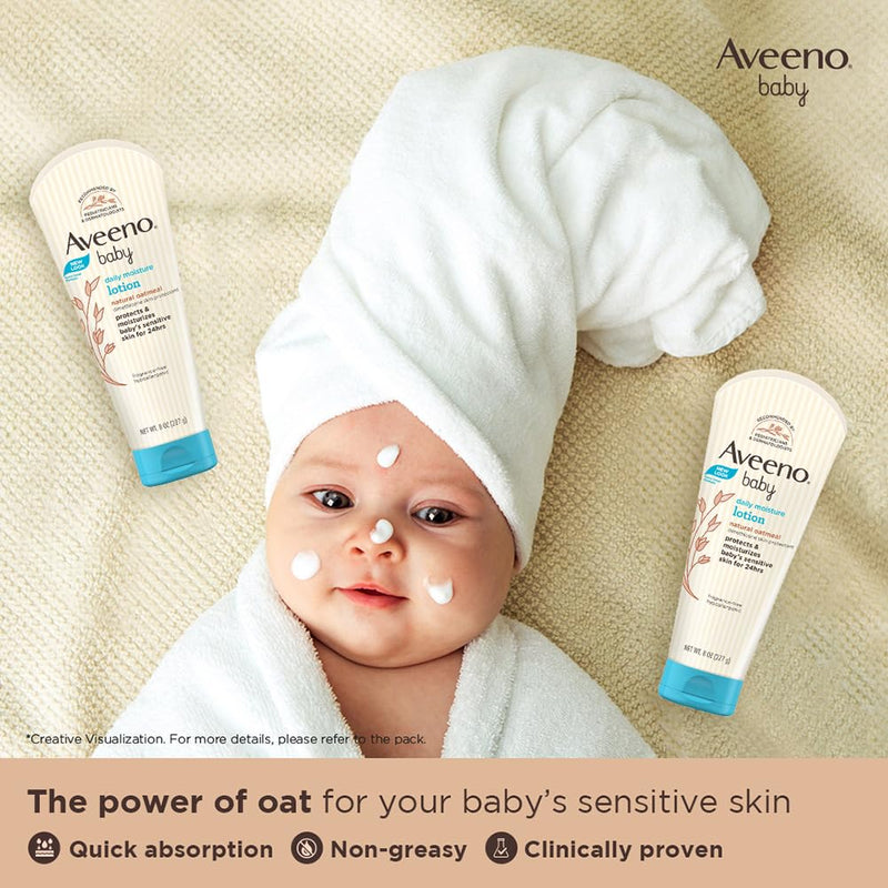 Aveeno Baby Daily Moisture Lotion (227g) | With oat flour, glycerin, and dimethicone | Hypoallergenic, fragrance-free, pediatrician recommended | Nourishes, soothes, & protects baby's sensitive skin