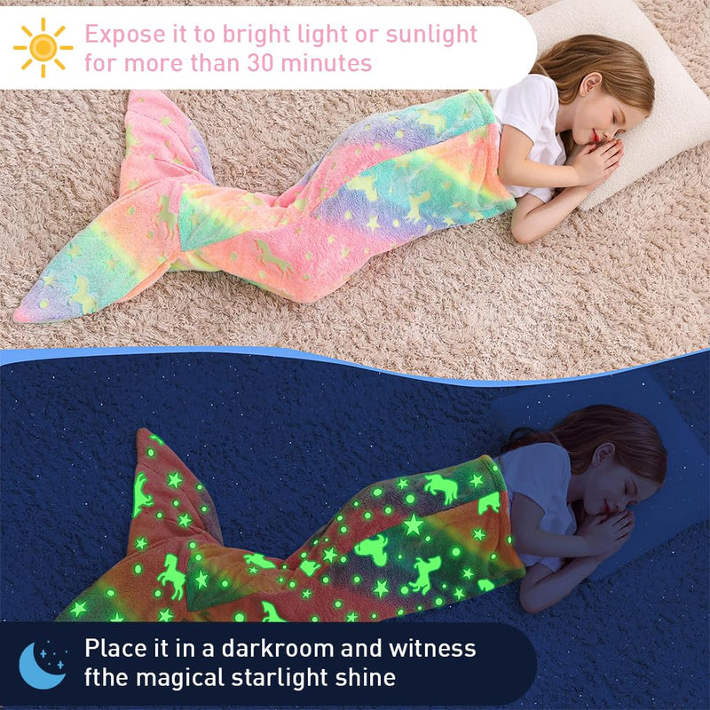 SNOWIE SOFT® Mermiad Tail Blanket for Kids, Flannel Cartoon Soft Blanket Glow in The Dark Kids Blanket Dreamy Travel Blanket Fish Tail Mermaid Blanket for Girls -Birthday Gift for Girls Kids