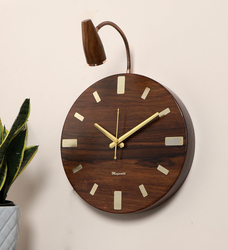 GREEN HOUSE Handmade Sheesham Wood Unique 12X12 Wall Clock With Spotlight/Focus Light Attachment Of 3W In-Built Warm White Led Ft. Rose Gold Plated Metal Spring