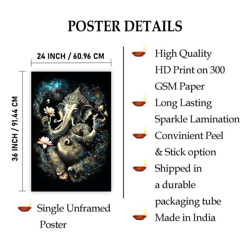 Indianara Rolled Sparkled Lord Ganesha Art Print for Room Décor Digital Reprint 36 inch x 24 inch Painting (10702PST)