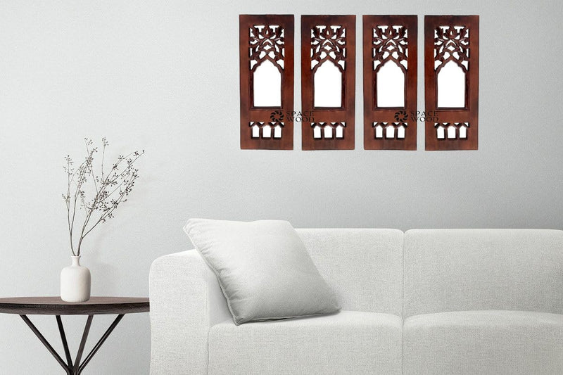 SPACE WOOD Wood Painted Wall Hanging Jharokha Inside Mirror, Wooden Wall Hanging, Wooden Wall Panel (12X4 inch Natural) Set of 4 (Rectangular) (Framed)