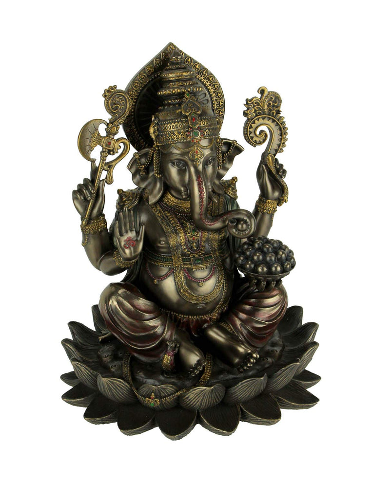 Veronese Design 10.24 Inch 5 lbs Lord Ganesha Sitting on Lotus Hindu God Antique Bronze Finish Statue