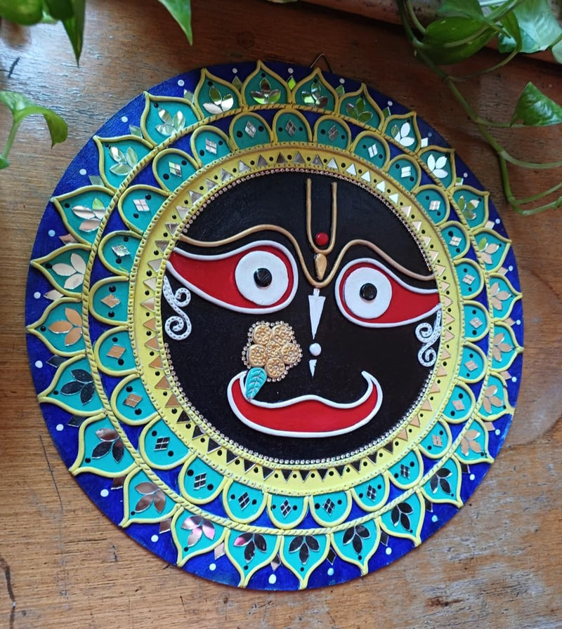 A Majestic Shreenathji Design on MDF Board with Mouldit Clay, Acrylic Paint, Mirrors – 12x12 Decorative Item