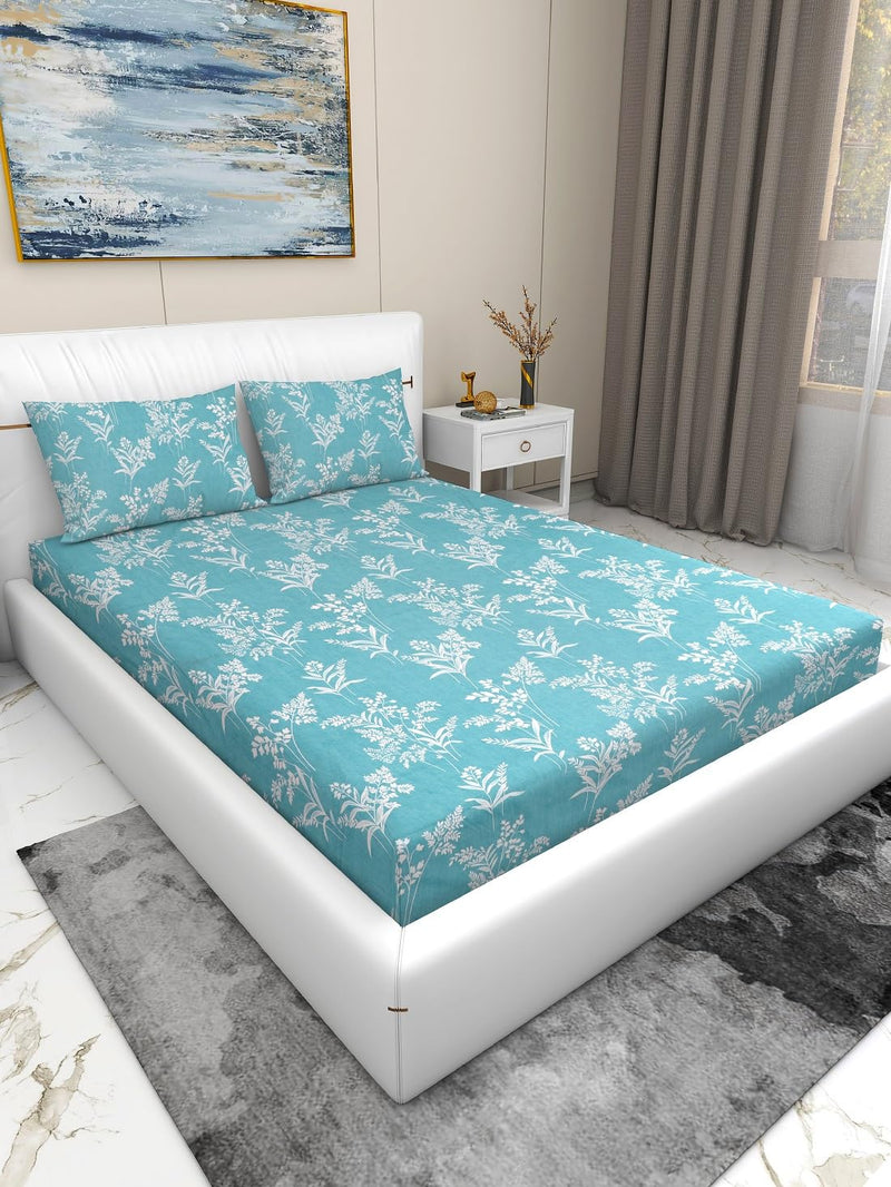 PRINDA Presents Luxurious Glace Cotton 210 TC King Size(78X72X8 Inch) Elastic Fitted Double Bedsheet Fully Elasticized with 2 Pillow Covers Colour Firoji White Leaf