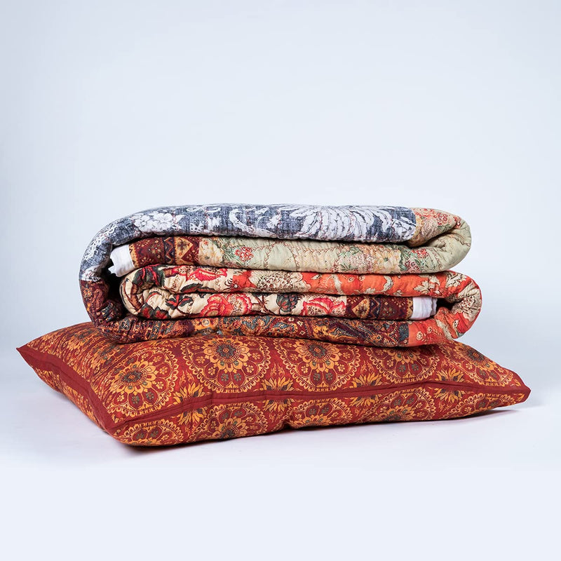 House Of Charu | Autumn Quilt Set with Pillow Cover | 100% Organic Cotton | Reversible Quilt | All Season Blankets | King Size (96"x 105")