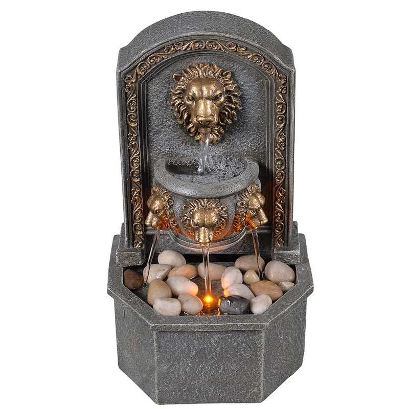 GOSSI 10.3 in Tall Tabletop Fountain Classic Lion Head Polyresin Indoor Zen Waterfall Fountain w/ Cobblestone Soothing Sounds for Office and Home Decor