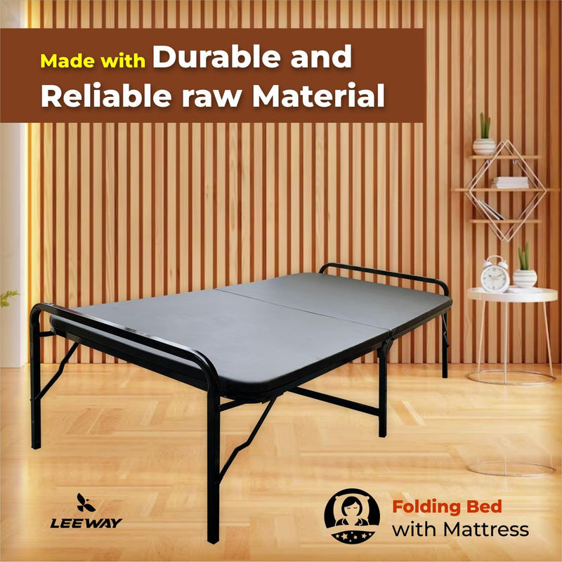 LEEWAY Metal Folding Bed - Single Size with Single Layer Mattress, Spare Bed, Easy Storage Bed, Portable Bed, Guest Bed. This Space-Saving Bed Offers Comfortable Sleeping, Bed Size (3ft x 6ft)