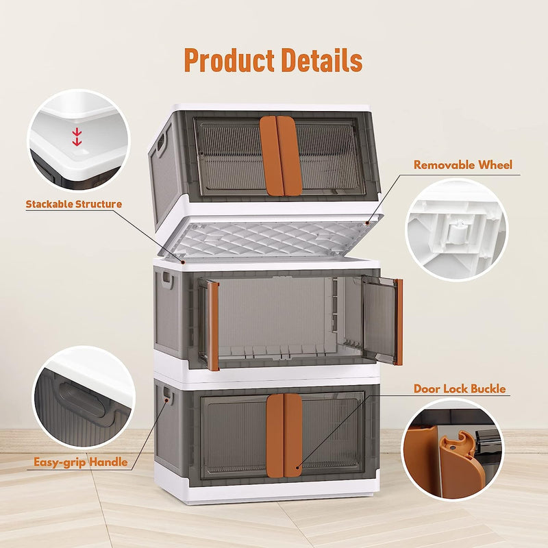 mechdel Plastic Collapsible Storage Bins With Double Door With Top Lid Opening And Wheels, Stackable Storage Container Box, Organizers And Storage For Clothes (1Pcs-72L (Grey Handle), White)