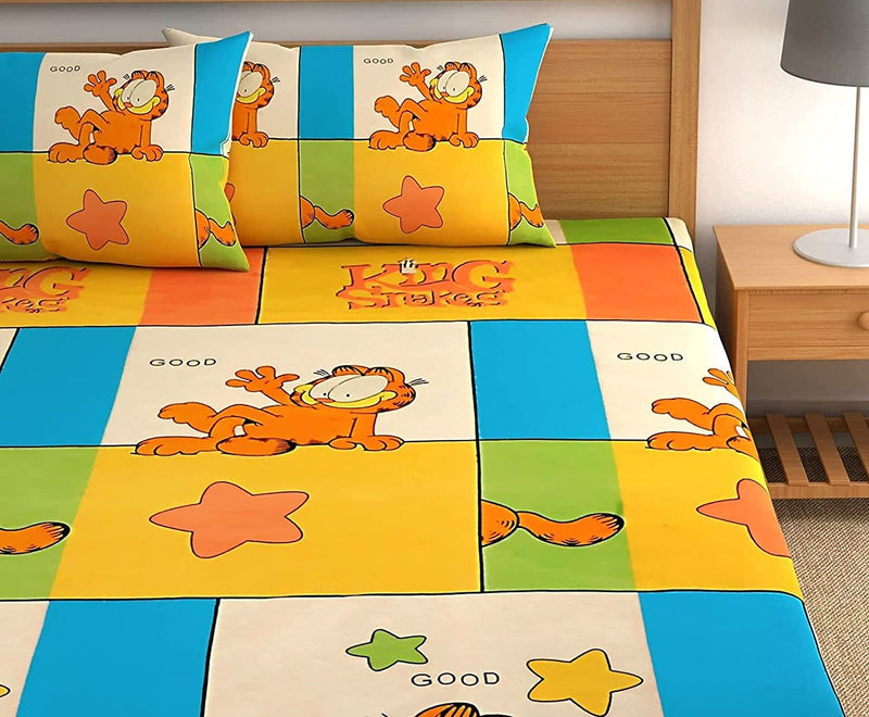 Mosho 180 TC Glace Cotton BedSheet for Double Bed 72x78x7 Inch Kids Cartoon Print Elastic Fitted (Orange Garfield)