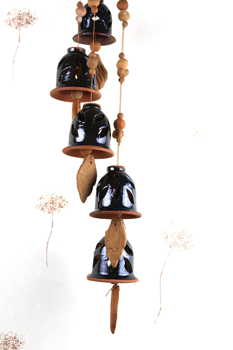 Terracotta Ceramic Coated Black Wind Chime (Five Bells) Ring Design Handmade Craft with Great Melodious Sound Bells