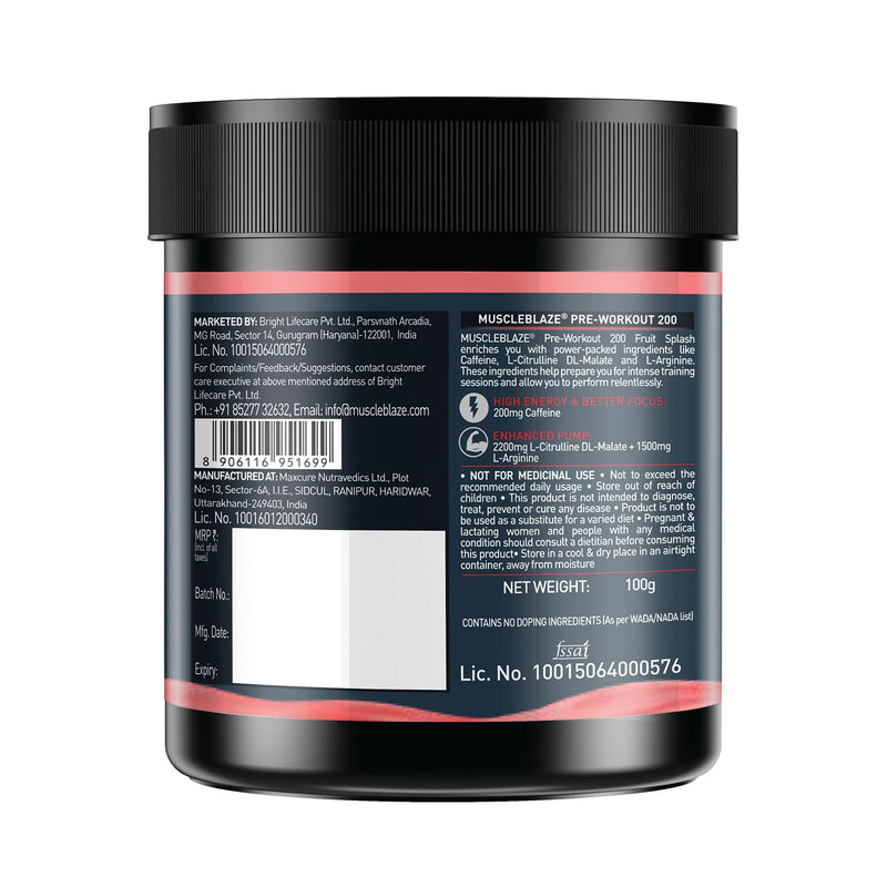 MuscleBlaze Pre Workout 200, 200mg Caffeine, 2200mg Citrulline (Fruit Splash, Pack of 100g Powder, 20 servings)