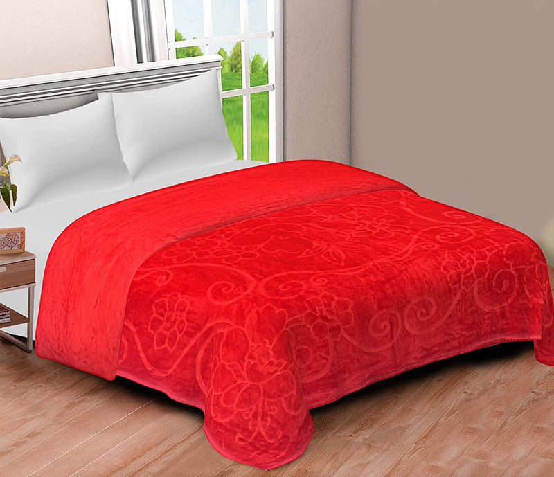 J SHREE Polycotton fabric Ultra Soft Luxurious Embossed Very Warm Korean Mink Blanket Double Bed for Winter - Red (85 x 100 Inches)