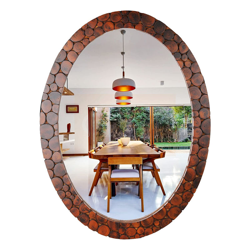 SRA Home Deco Indan Wood Experts Handmade Wooden Antique Frame Oval Wall-Mounted Mirror, Mirror for Bathroom, Living Room, Wall Basin, Study Room, Office, Brown (24x18 Inches)