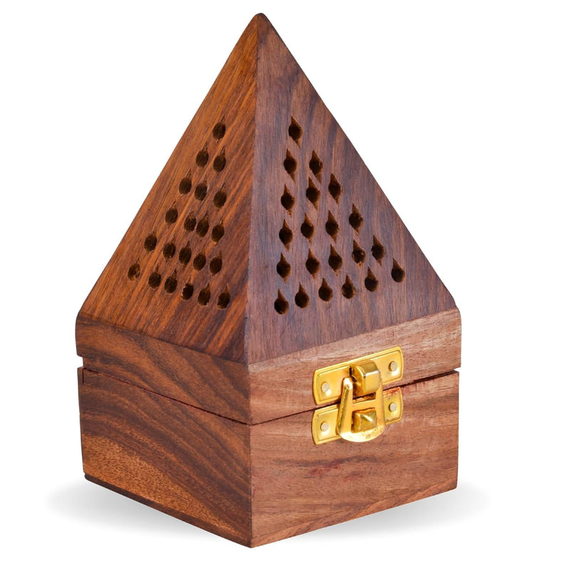 VDIX Multipurpose Pyramid Shape Incense Sticks Holder Wooden Incense Box Ash Catcher Home Fragrance Stand Holder Agarbatti & Dhoop Dan Positive Energy Pooja Brown 3 inch