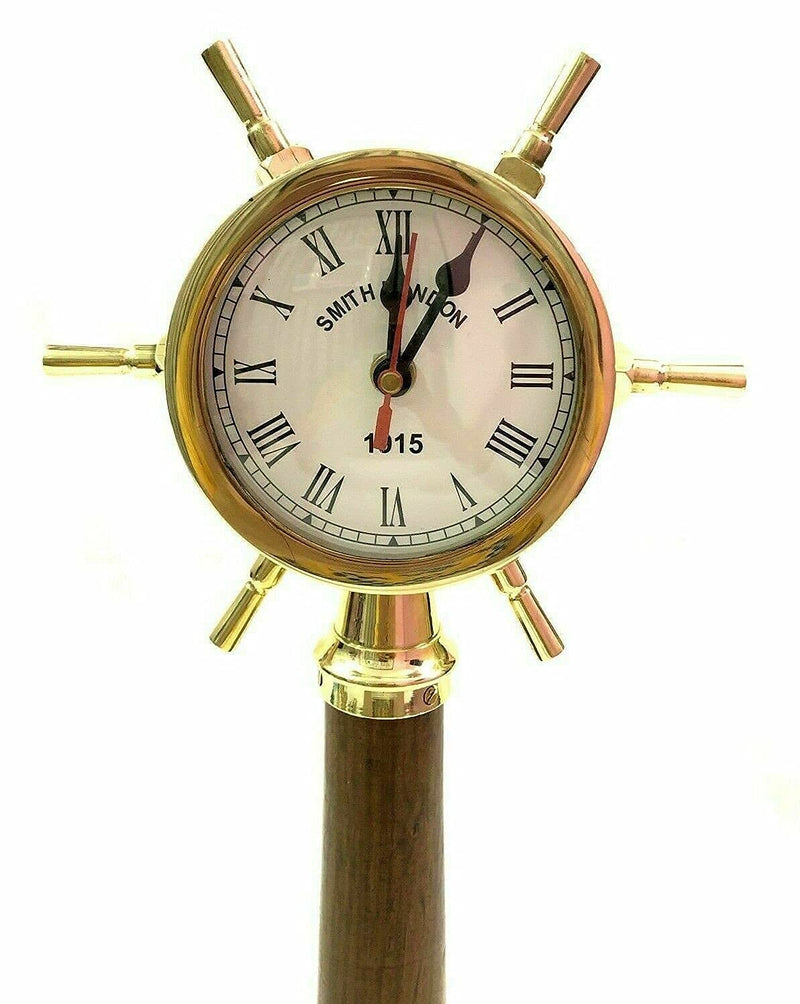 NAUTICAL COLLECTION Brass Ship Handel Table Desk Clock Roman Number Wood Stand - Hight (12 inch)