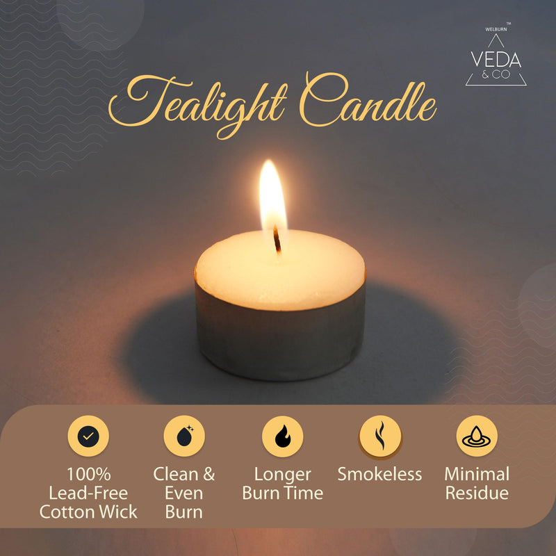 Welburn Veda&Co™ Wax Tealight Candles - Pack of 50, 5 Hours Burning Time, 100% Fully Refined Paraffin Wax, Unscented, Smokeless, Dripless, for Home Decor, Offices & Other Occasions (White)