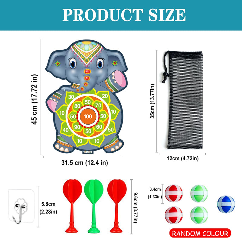 Tassino Dart Game for Kids Cartoon Target Game Toy Sets Dart Board with 5 Velcro Balls and 1 Hanger -Children's Indoor Outdoor Sport Game Toys Gifts (Elephant (5 Balls and 3 Darts))