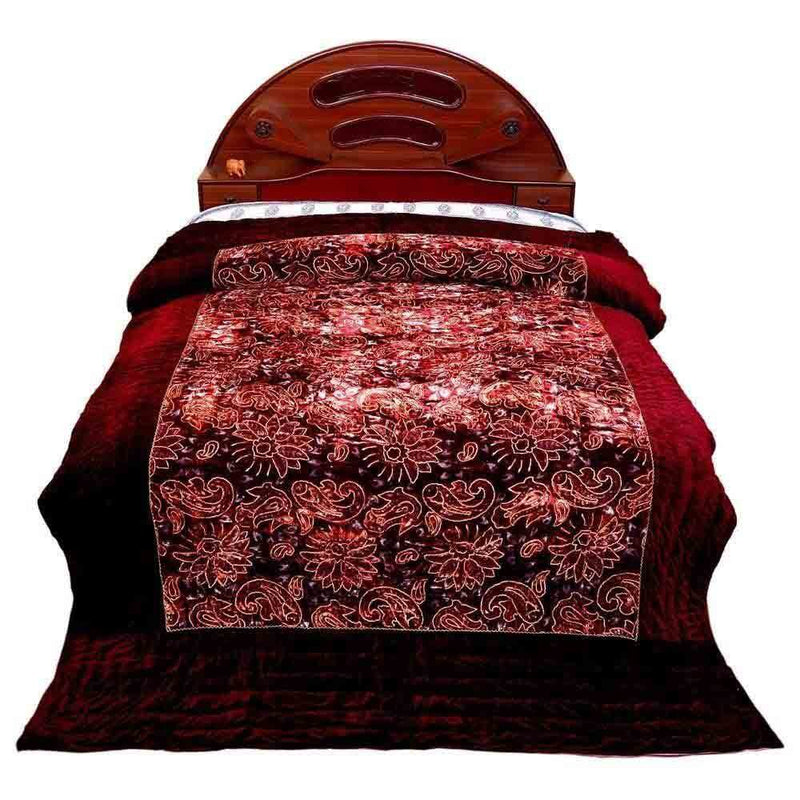 Little India Jaipuri Traditional Floral Pattern Velvet Cotton Double Bed Quilt and Fridge Magnet (Red, DLI3DRZ405)