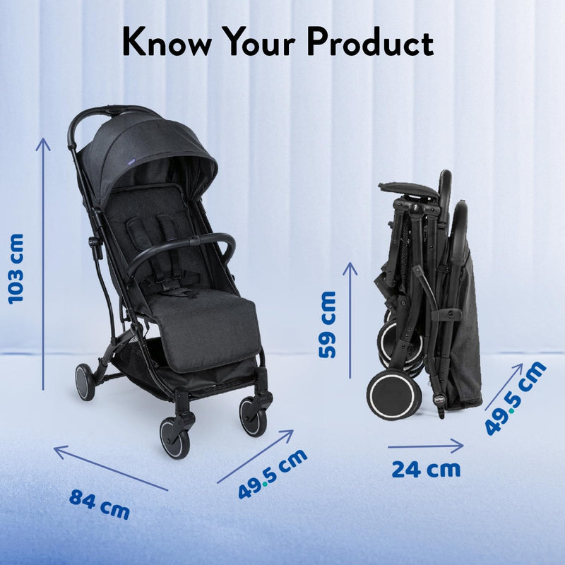 Chicco Trolleyme Stroller With Bumper Bar,Pram For 0-3 Years New Born/Baby/Toddler/Kid (Boy,Girl)Backrest With Multi-Level Adjustment,With Rain Cover,Canopy With Window Mesh,(Upto 15 Kgs,Stone Black)