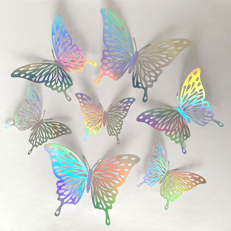 JAAMSO ROYALS Silver Colourful 3D Butterfly Self Adhesive Living Room Bedroom Kitchen Decor Wall Sticker (Set of 12, Pack of 1)