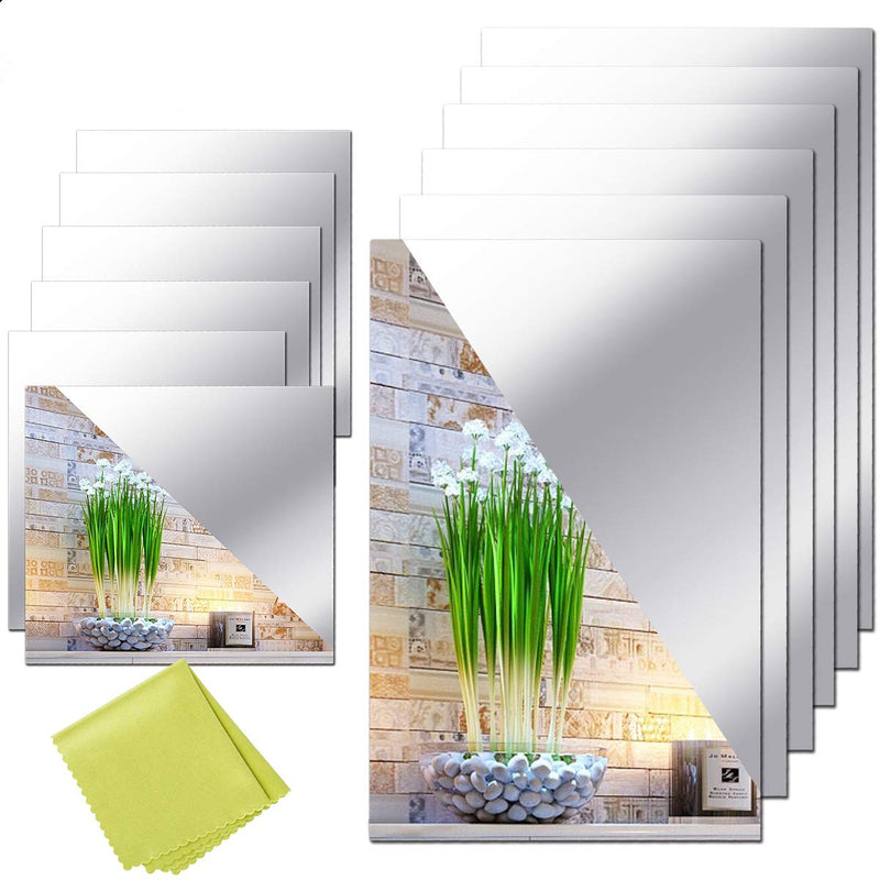 12 Pieces Self Adhesive Acrylic Flexible Non Glass Mirror Sheets (6 x 6 Inches and 6 x 9 Inches)