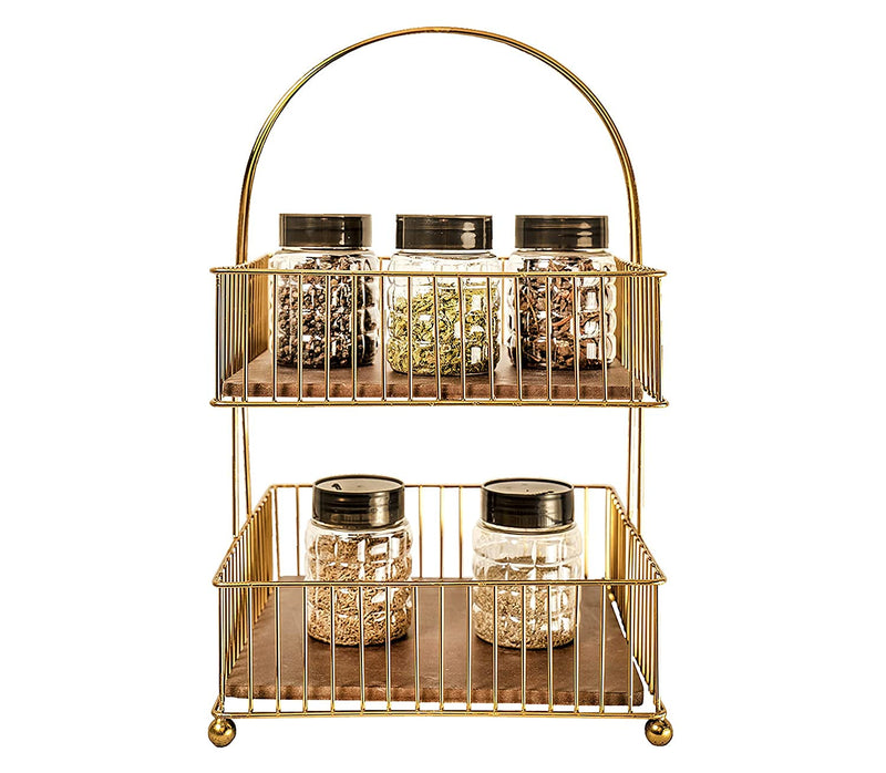 Craft Brio -A TRENDY HANDICRAFTS Metal and Wood Decorative Storage for Fruit Spice Vegetable Baskets in Kitchens - (Gold, Medium) 2 Tier, Hanging Shelves