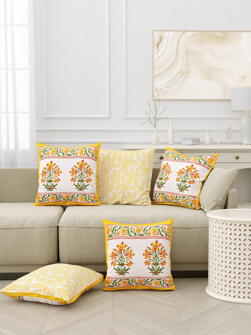 BLOCKS OF INDIA Hand Block Printed Cotton Cushion Cover (16 X 16 Inches) (Yellow Flower), 300 TC