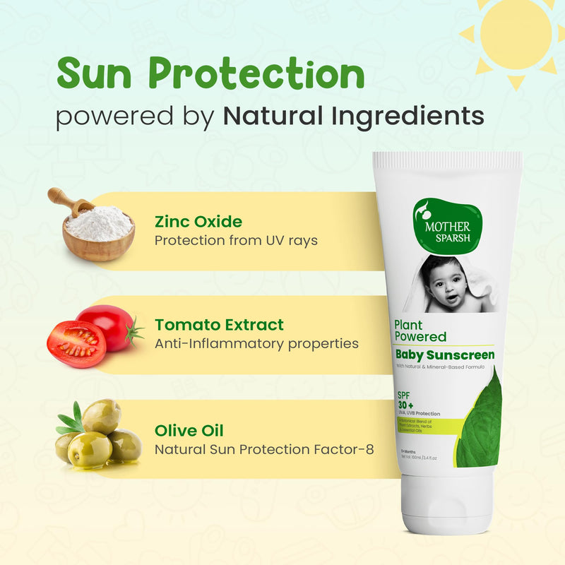 Mother Sparsh Natural Baby Sunscreen Lotion with SPF 30+ For UVA & UVB Protection | Plant derived 95% Bio Based Ingredients - 100ml