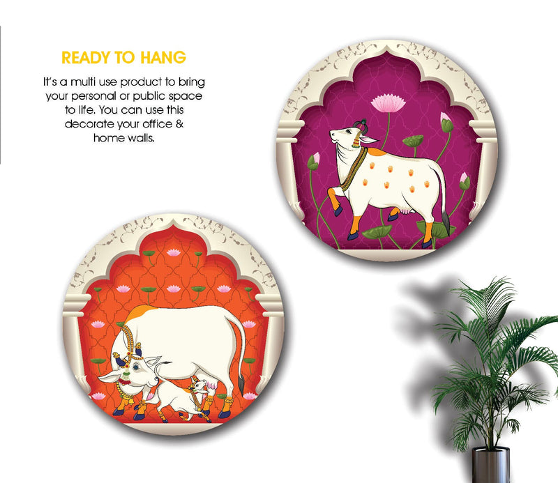 SAF Round Shape Pichwai Cow Art MDF Wall Painting for Living Room 12X12 inch LRB18-L2