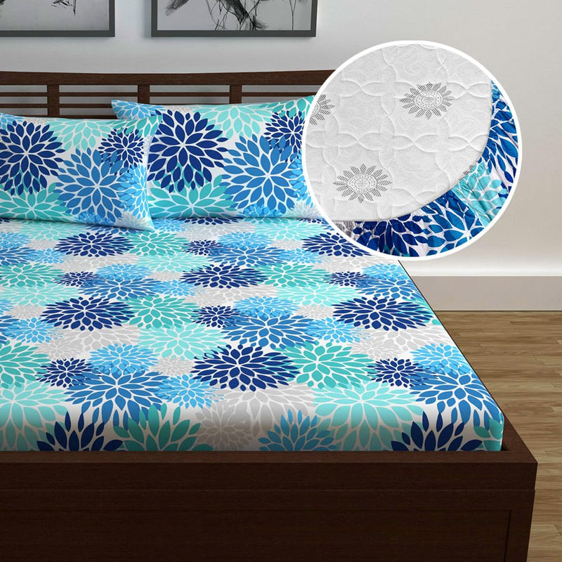 Divine Casa 144 TC Cotton Flower Print Queen Size Double Bed Elastic Fitted Bedsheet with 2 Pillow Cover (60"x78", Dusk Blue)