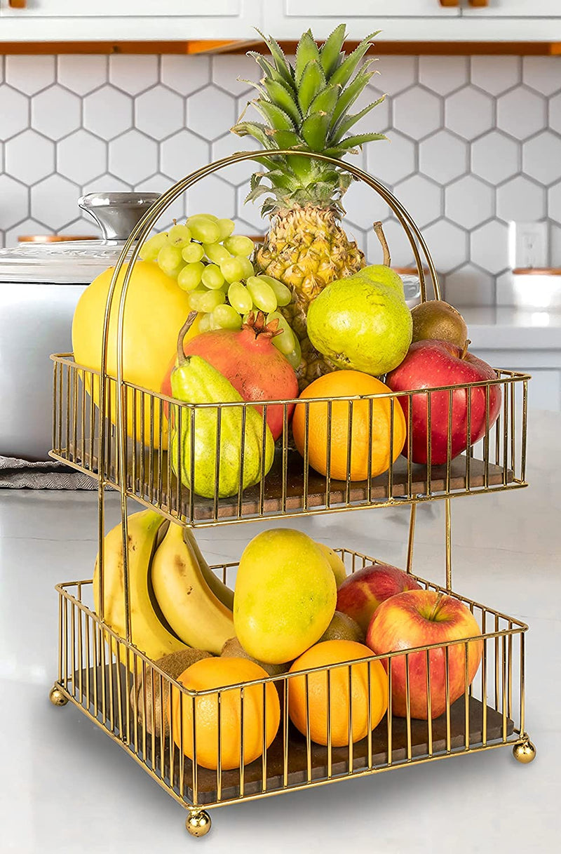 Craft Brio -A TRENDY HANDICRAFTS Metal and Wood Decorative Storage for Fruit Spice Vegetable Baskets in Kitchens - (Gold, Medium) 2 Tier, Hanging Shelves