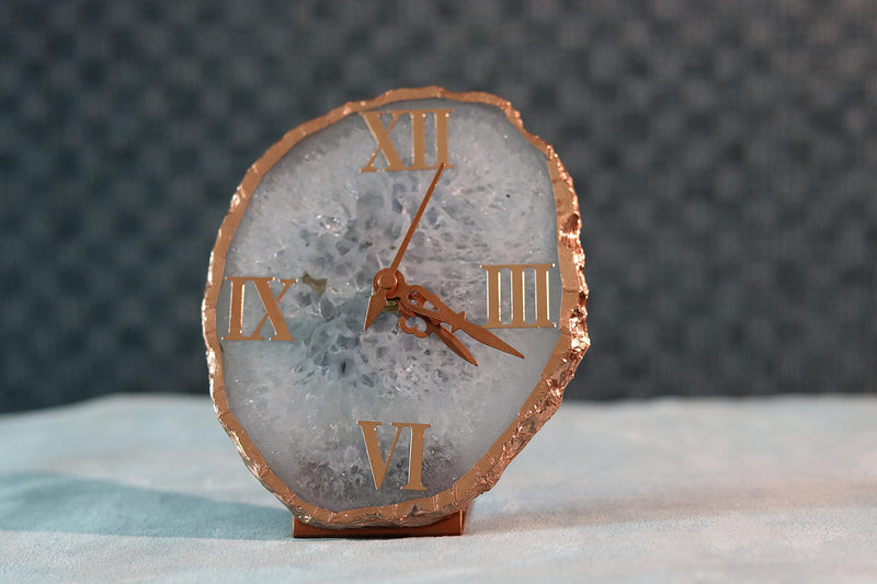 MARMEX Brand || Agate Table Clock in Natural Gemstone with Electroplated Copper Edge (Pure White)