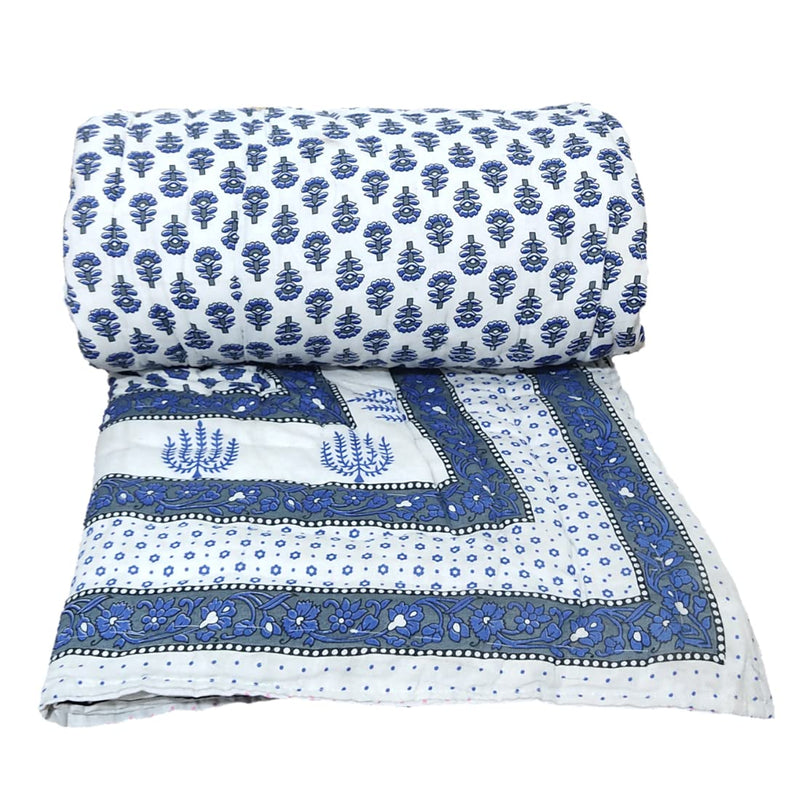 Gnudi Organic Pure Cotton Jaipuri Rajai/Rajasthani Traditional Cotton Quilt for Double Bed/Reversible Double Bed Quilt for Winters (90x100, Blue)