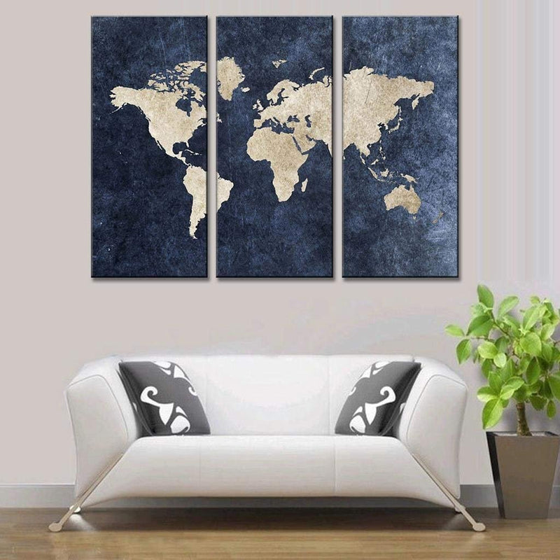 TECHBITE Multiple frames Split Painting on 5 mm White Sun board. World Map on Navy Panels wall art - 3 Frames Wall Decor. Ready to hang (36x28)