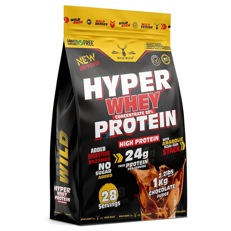 WILD BUCK Hyper Whey Protein Concentrate 80%, 24g High Protein, 6g BCAA, 6g EAA | Muscle-Building Whey Protein Powder | Sports Drink for Recovery & Muscle Growth | Men & Women | 100% Muscle Building Whey Protein [1kg, Chocolate Fudge] with Shaker