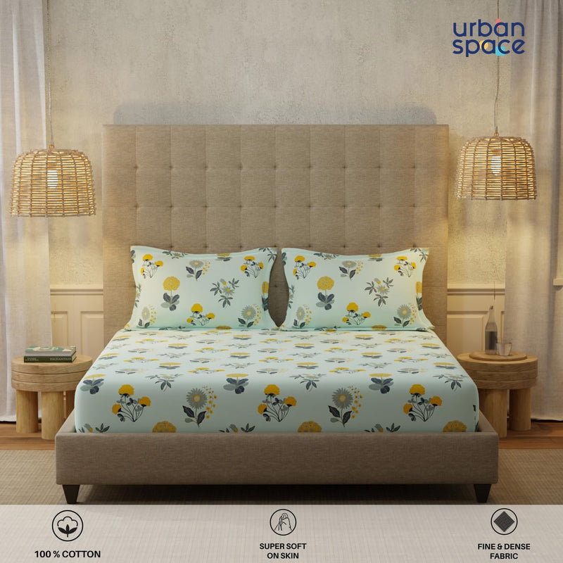 Urban Space Serene 200 TC 100% Cotton Bedsheet for King Bed, Cotton King Bedsheet with 2 Pillow Covers (Radiance Sky Blue, Size 108 x 108 inches)